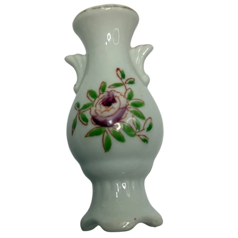 Occupied Japan Miniature Porcelain Bud Vase Rose Floral Double Handle Vintage